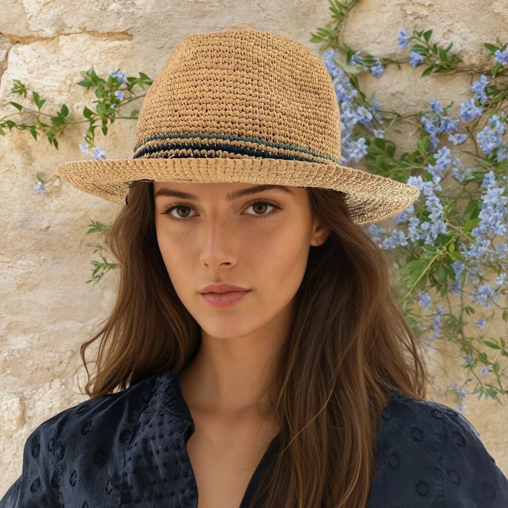 Crocheted natural raffia fedora hat made in Madagascar